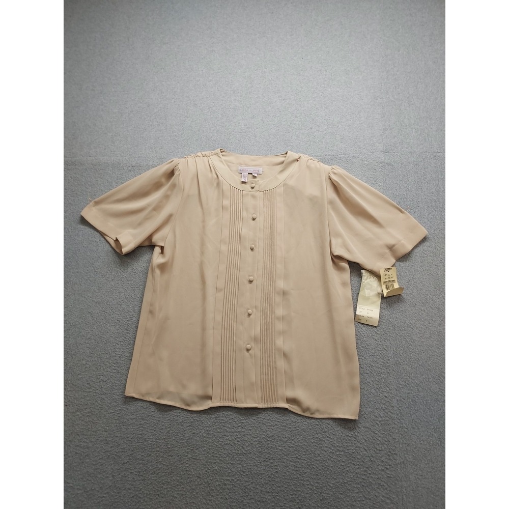 Laura & Jayne Women Blouse Top 8 Taupe Button Front Pintuck Pleated Elegant Wear